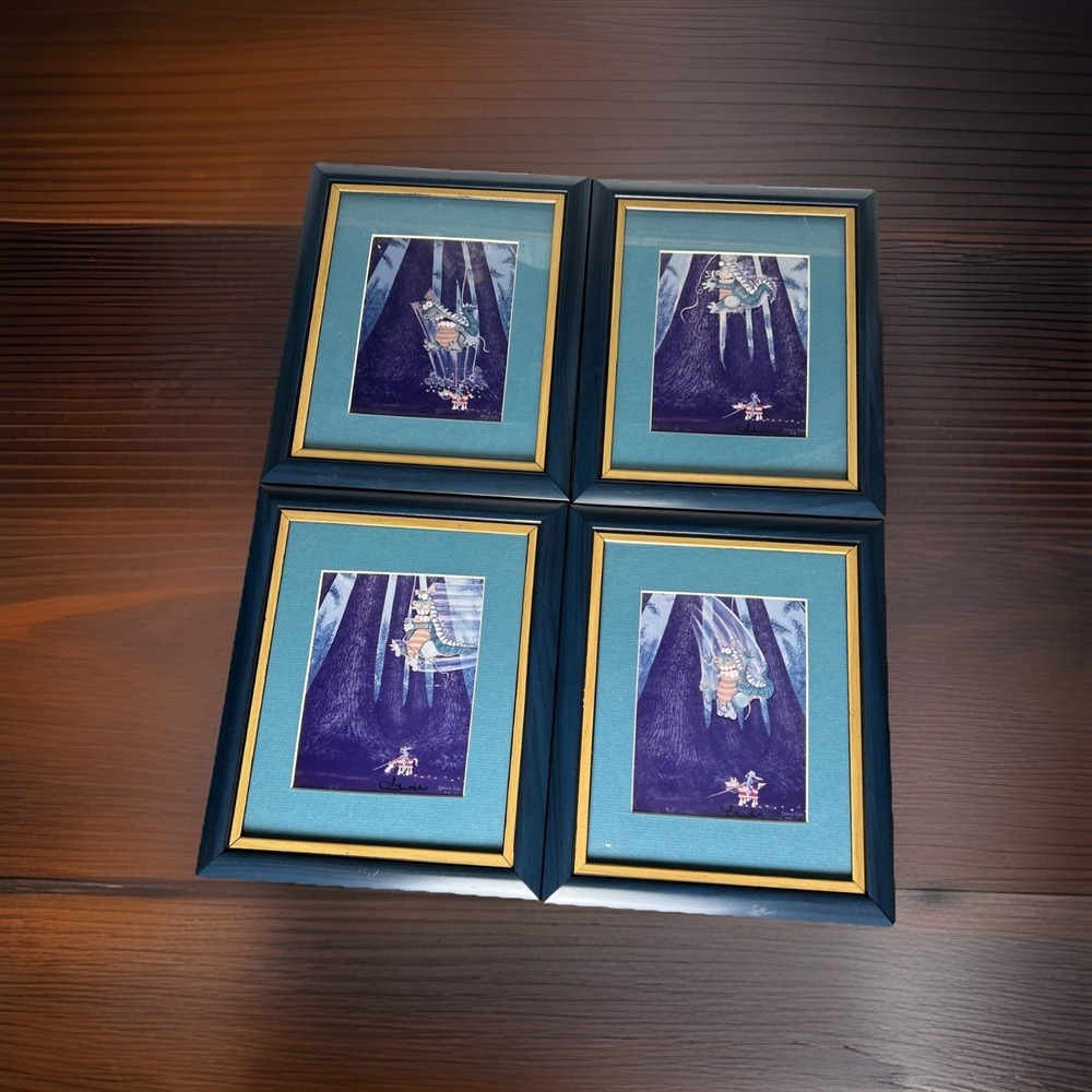 VTG 90s Steve Gill Signed Fantasy Dragon Art Print Set 4 Woodland Series Framed